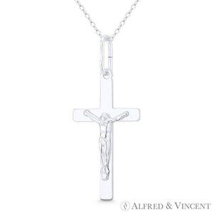 Jesus Christ on Flat Christian Latin Cross Pendant in .925 Sterling Silver